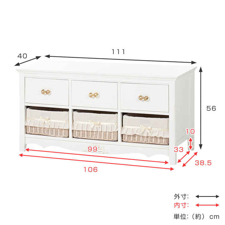 ローチェスト 2段3列 バスケット付 姫系 白家具 幅111cm -5