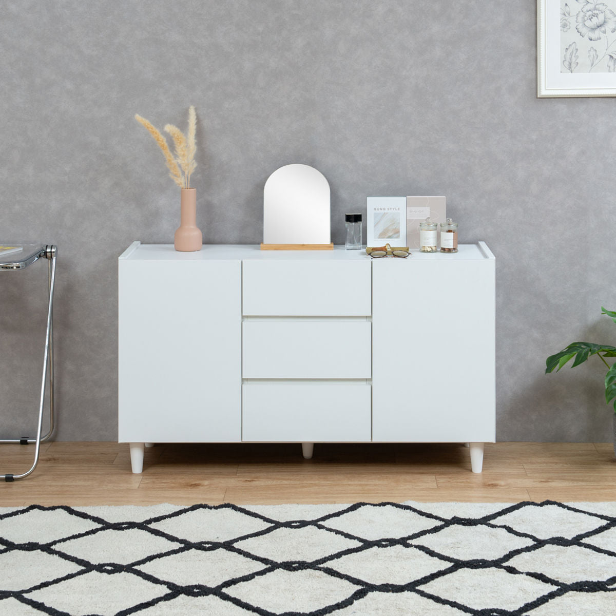 キャビネット 引出し3段 脚付 フレンチシャビー調 幅120cm 日本製 キャビネット 引出し3段 脚付 フレンチシャビー調 幅120cm