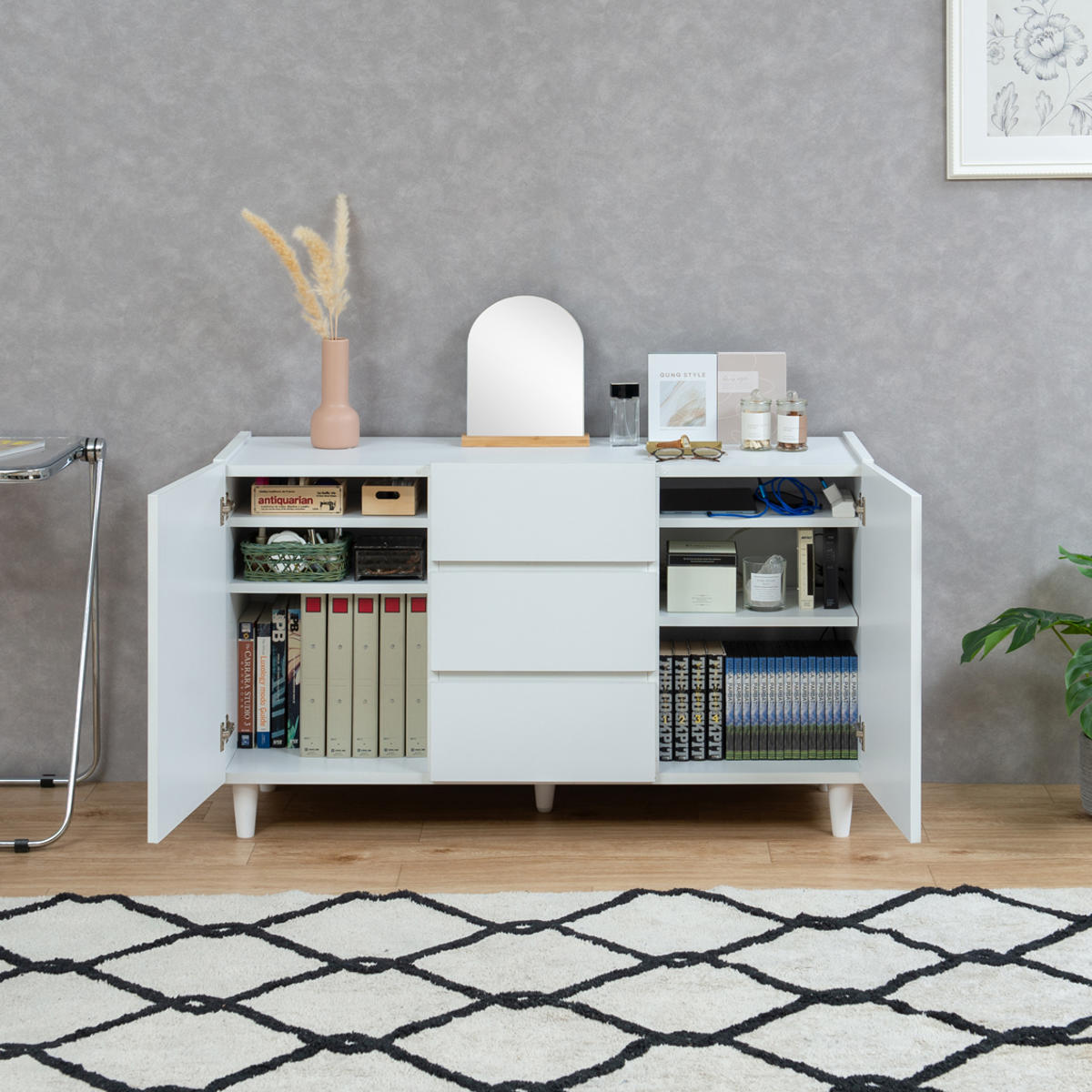 キャビネット 引出し3段 脚付 フレンチシャビー調 幅120cm – ハウジー