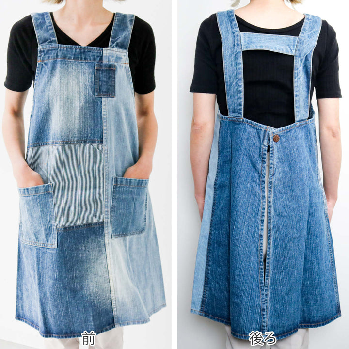 エプロンパッチワークデニムプルオーバーエプロン