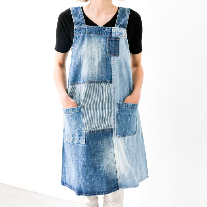 エプロンパッチワークデニムプルオーバーエプロン