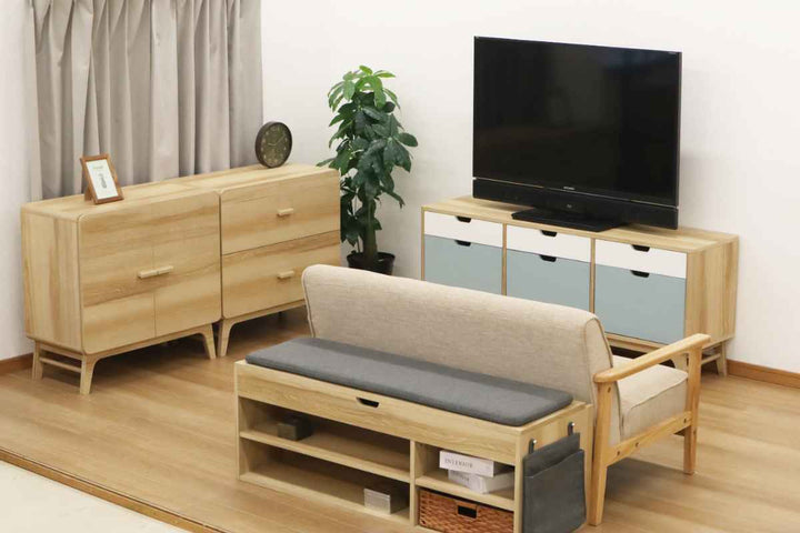 ローキャビネット北欧風引出し3枚扉幅150cm