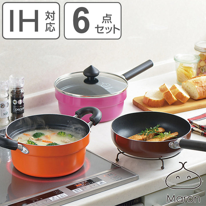 鍋フライパン6点セット18cmIH対応コンパクトマロンポットパン