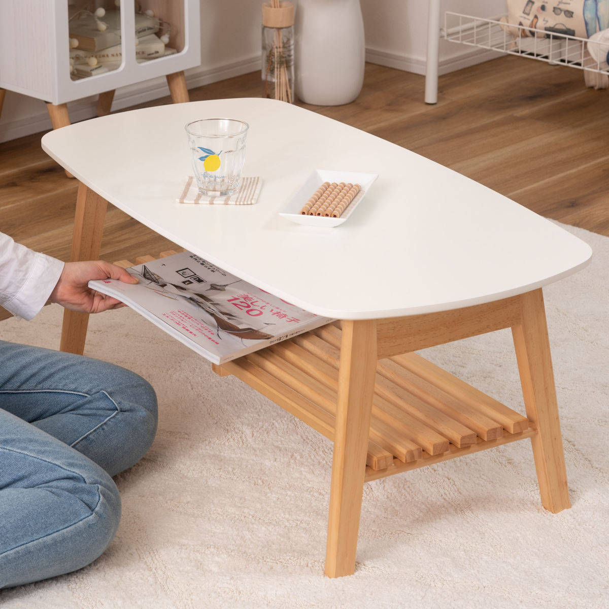 折りたたみ テーブル 幅90cm 棚付き 天然木 – ハウジー