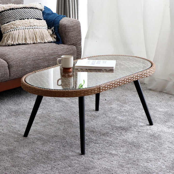 リゾネアリビングテーブル幅105cmラタン調ガラス天板