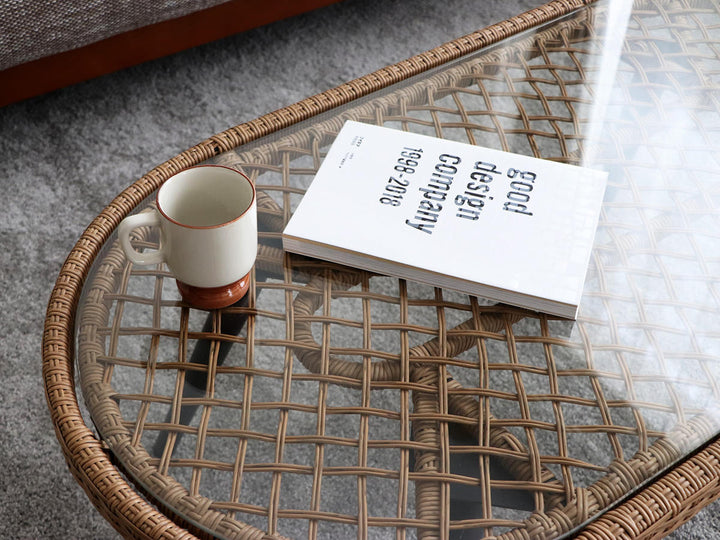 リゾネアリビングテーブル幅105cmラタン調ガラス天板