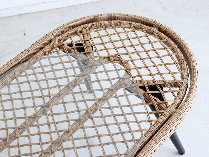 リゾネアリビングテーブル幅105cmラタン調ガラス天板