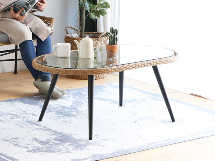 リゾネアリビングテーブル幅105cmラタン調ガラス天板