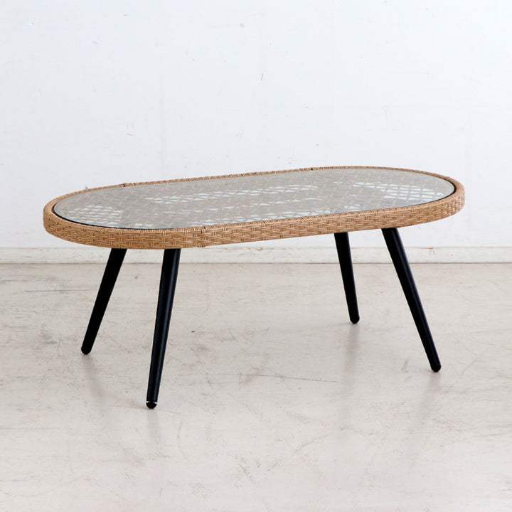 リゾネアリビングテーブル幅105cmラタン調ガラス天板