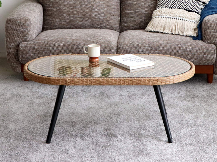 リゾネアリビングテーブル幅105cmラタン調ガラス天板