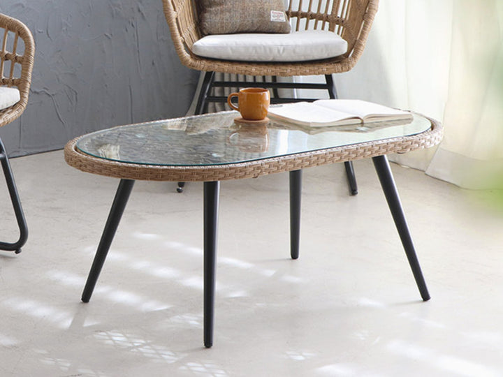 リゾネアリビングテーブル幅105cmラタン調ガラス天板