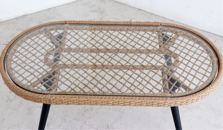 リゾネアリビングテーブル幅105cmラタン調ガラス天板