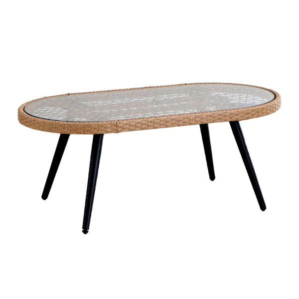 リゾネアリビングテーブル幅105cmラタン調ガラス天板