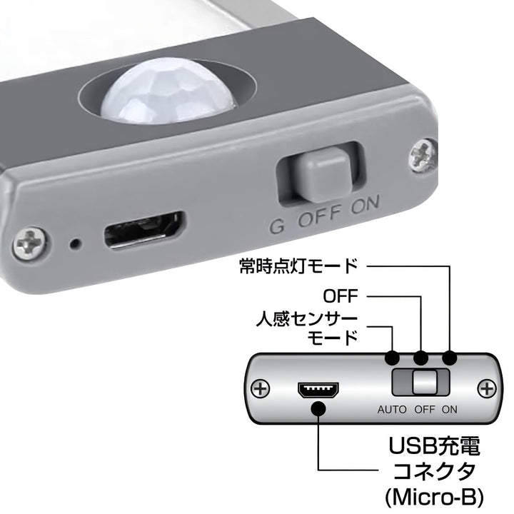 LEDマグネットライトバー人感センサーUSB充電コードレス32.5×4.5cm