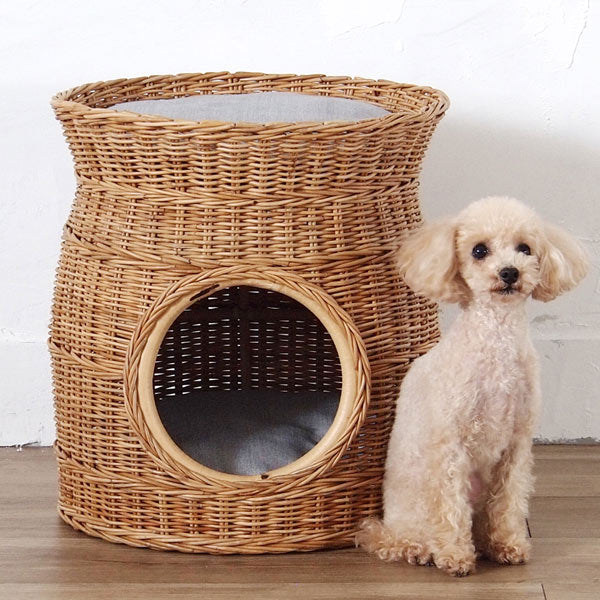 籐 ペットハウス クッション付 丸型 ラタン製 Natural rattan 直径40cm