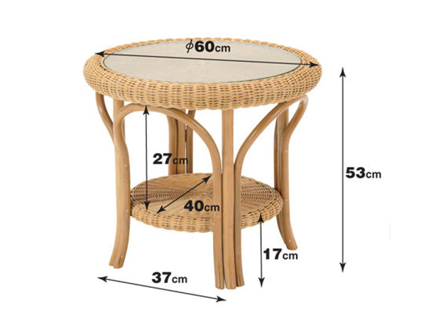 ラタンテーブル 円形 ガラス天板 棚付 籐家具 直径60cm