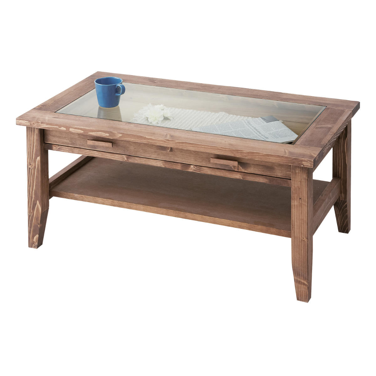 コスガ 木製✕ガラス天板 ブラウン センターテーブル 【9650034】