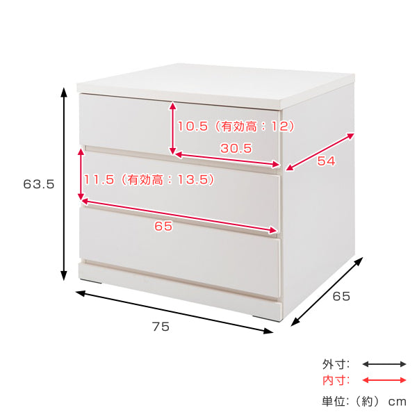 チェスト3段整理タンス押入れ収納奥深キャスター付幅75cm
